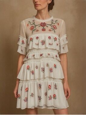 Zara Ivory Floral Embroidered Ruffle Dress